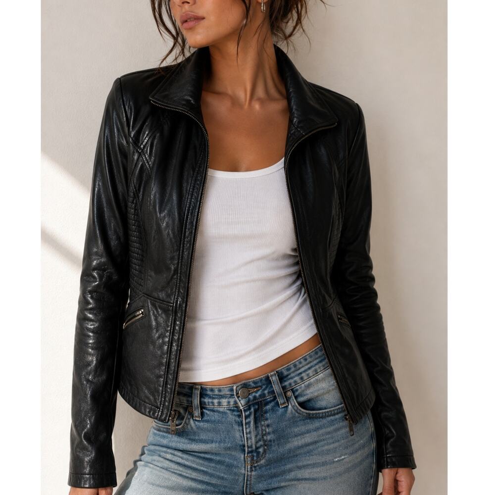 Tannery West Vintage Women’s Black Genuine Leather Moto Jacket Quilted Sz S